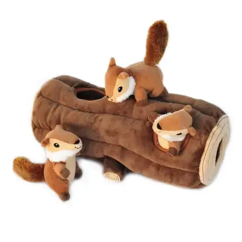 ZippyPaws Burrow Brown Plush Log with Chipmunks Dog Toy 1 pk